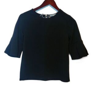 Green Envelope Black Ruffle Bell Sleeve Top Classic Quiet Luxury Size Small